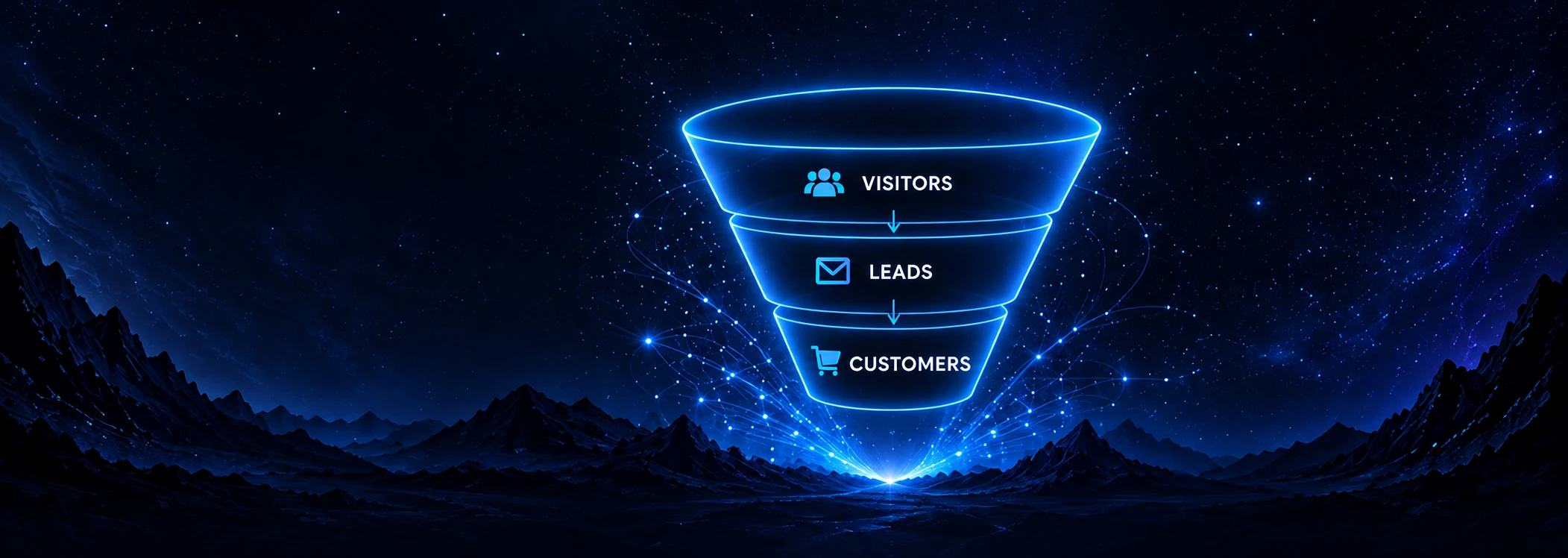 Conversion funnel illustrating visitors becoming leads and customers.